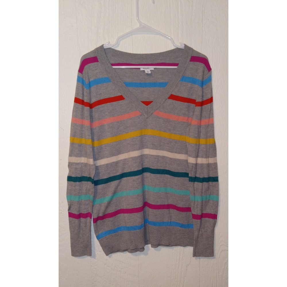 Old Navy V-Neck Sweater Womens Large Grey Multi-Color Rainbow Stripe Fine Gauge - Picture 8 of 8